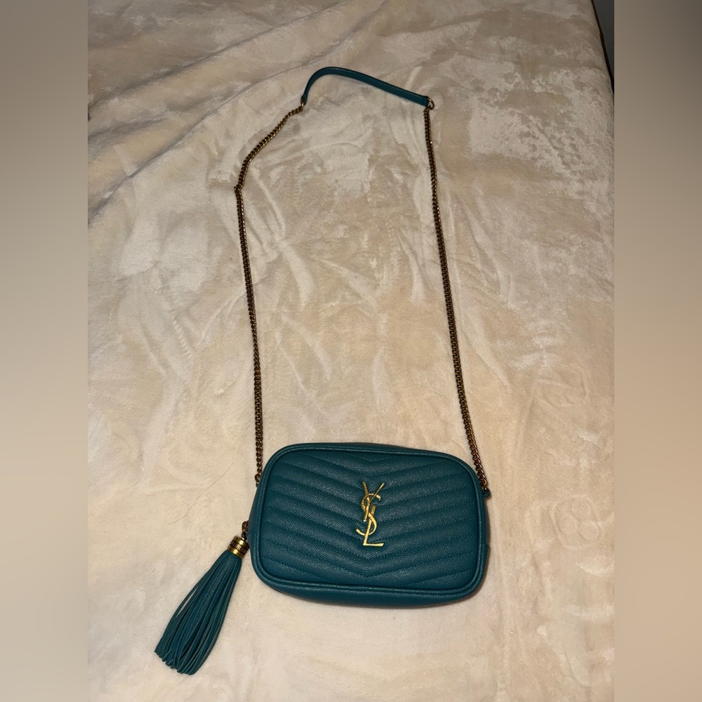 Saint Laurent Lou Mini Quilted Leather Camera Bag in a dark teal color